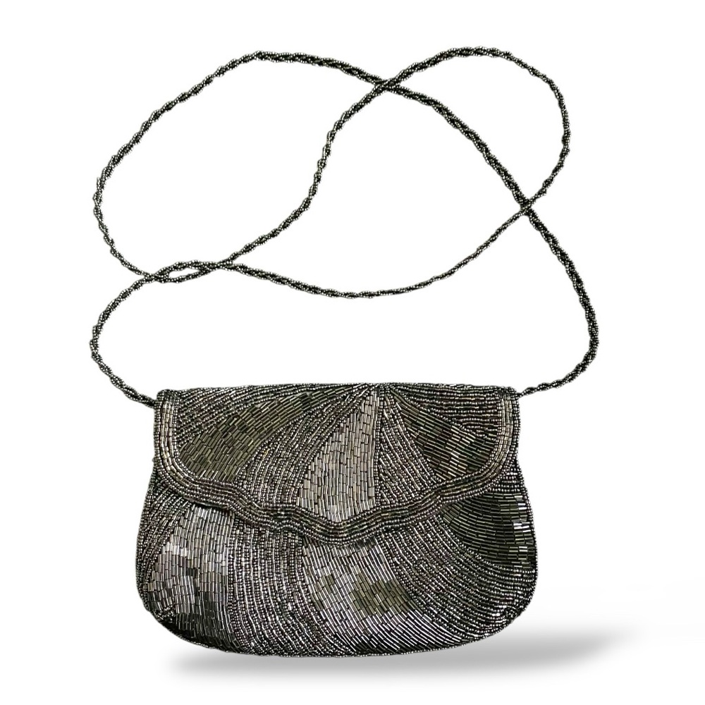 VINTAGE CLUTCH  / BEADED / CROSSBODY / EVENING BAG / PEWTER COLOR